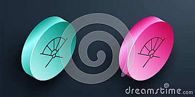 Isometric line Traditional paper chinese or japanese folding fan icon isolated on black background. Turquoise and pink Vector Illustration