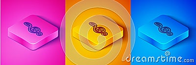 Isometric line Treble clef icon isolated on pink and orange, blue background. Square button. Vector Vector Illustration