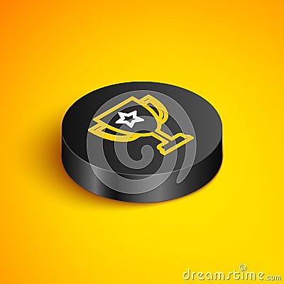 Isometric line Trophy cup icon isolated on yellow background. Award symbol. Champion cup icon. Black circle button Vector Illustration