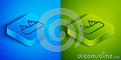 Isometric line Whale tail in ocean wave icon isolated on blue and green background. Square button. Vector Vector Illustration