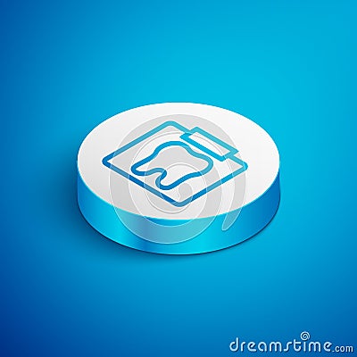 Isometric line X-ray of tooth icon isolated on blue background. Dental x-ray. Radiology image. White circle button Vector Illustration