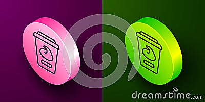 Isometric line Yogurt container icon isolated on purple and green background. Yogurt in plastic cup. Circle button Stock Photo