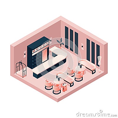 Isometric lobby, reception, lounge in pink pastel color with a hotel card or trolley, tables and chairs. Interior concept scene Stock Photo