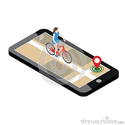 Isometric location. Mobile geo tracking. Female cyclist riding on a bicycle. Map Vector Illustration