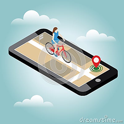 Isometric location. Mobile geo tracking. Female cyclist riding on a bicycle. Map Vector Illustration