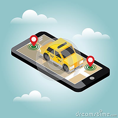 Isometric location. Mobile geo tracking. Map. Taxi. Vector Illustration