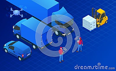 Isometric logistics automation concept. Delivery concept with isometric vehicles for cargo transport. International Vector Illustration