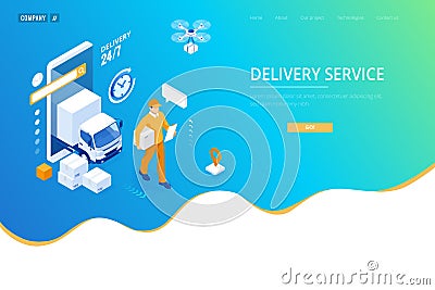 Isometric Logistics and Delivery concept. Delivery home and office. City logistics. Warehouse, truck, forklift, courier Vector Illustration