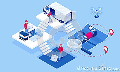 Isometric Logistics and Delivery concept. Delivery home and office. City logistics. Warehouse, truck, forklift, courier Vector Illustration