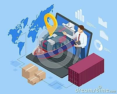 Isometric Logistics and Delivery Sea Freight. Freight Transportation, Shipping, Nautical Vessel, Container ship Vector Illustration