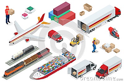 Isometric Logistics icons set of different transportation distribution vehicles, delivery elements. Air cargo trucking Vector Illustration