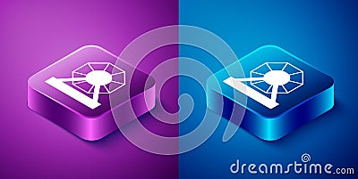 Isometric Lottery machine icon isolated on blue and purple background. Lotto bingo game of luck concept. Wheel drum Stock Photo