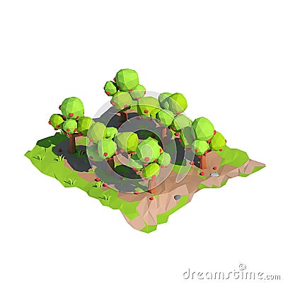 Isometric low poly apple orchard, 3D rendering Cartoon Illustration