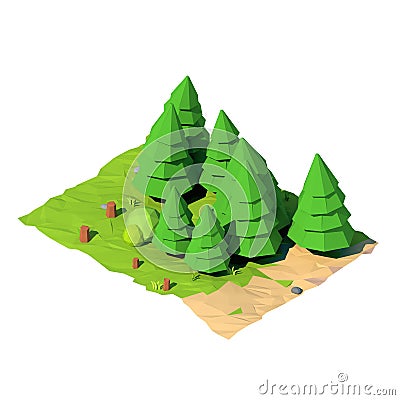 Isometric low poly fir tree, 3D rendering Cartoon Illustration