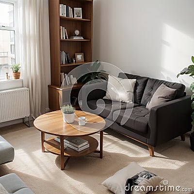 isometric low poly room cutaway icon. Room includes furniture - working table with computer, office chair, armchair, bookshelf an Stock Photo