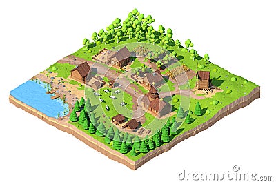Isometric low poly village, 3D rendering, cartoon Cartoon Illustration