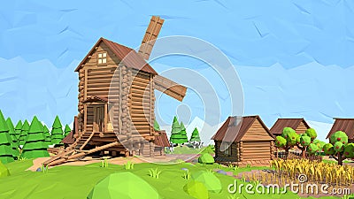 Isometric low poly windmill, 3D rendering Cartoon Illustration