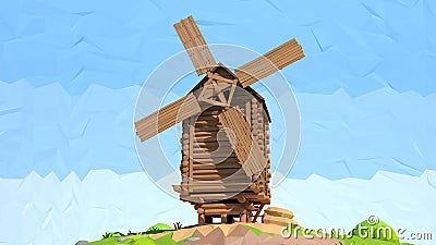 Isometric low poly windmill, 3D rendering Cartoon Illustration