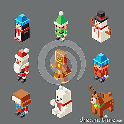 Isometric lowpoly christmas characters winter new year polygonal 3d isolated icons set flat cartoon design vector Vector Illustration