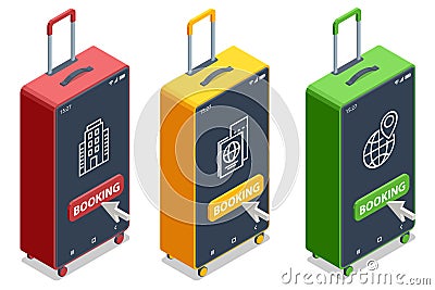 Isometric luggage or baggage for travel and transport concept design. Travel bags, suitcase set Vector Illustration