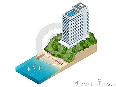 Isometric luxury beach hotel and sea view swimming pool near empty grass floor deck in modern design. Vacation hotel for Vector Illustration