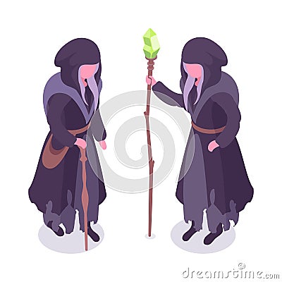 Isometric magic witch. Witchcraft magician characters, old witch with magic staff 3d vector illustration set Vector Illustration