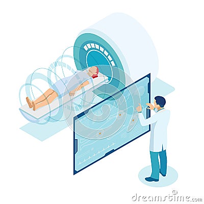 Isometric magnetic resonance therapy . Dctor in white coat is preparing patient for magnetic resonance imaging machine Vector Illustration