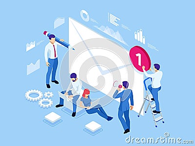 Isometric mailing list or mailing services. Online marketing and communication. Electronic mail message concept as part Vector Illustration