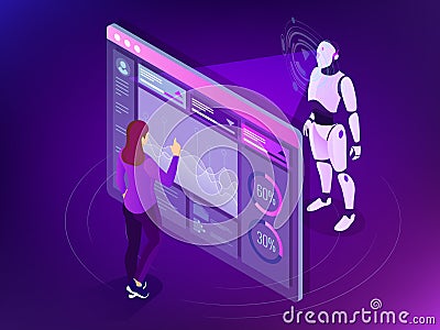 Isometric Maintenance engineer working with digital display. Robot programming concept. Artificial intelligence Vector Illustration