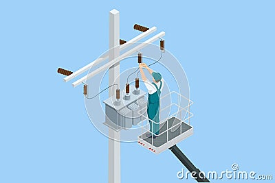 Isometric maintenance of voltage transformer, repair of power lines, work at height in helmets on crane in cradle Vector Illustration