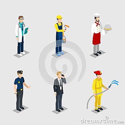 Isometric Male Characters Professions Set Vector Illustration