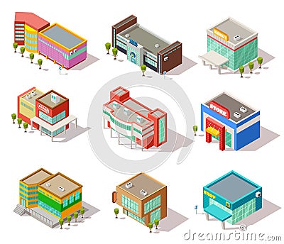 Isometric mall, store, shop and supermarket buildings. Vector city architecture isolated set Vector Illustration