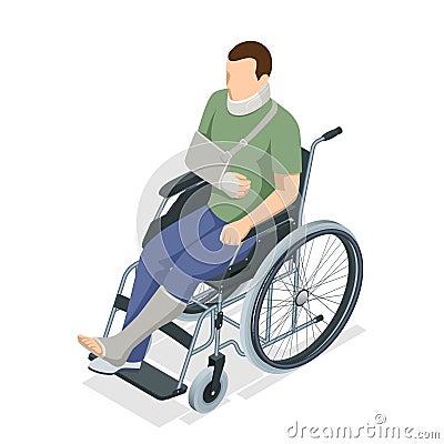 Isometric man with an arm, neck and leg injury in a cast sits in a wheelchair. Social security and health insurance Vector Illustration