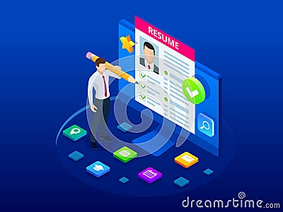 Isometric man and cv resume documents. Recruiting advertisement, Job opportunity. Searching professional staff, work Vector Illustration