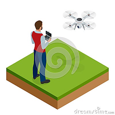 Isometric man with drone quadrocopter, Remote aerial drone with a camera taking photography or video recording. game Vector Illustration