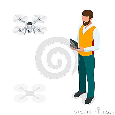 Isometric man with drone quadrocopter, Remote aerial drone with a camera taking photography or video recording. game Vector Illustration