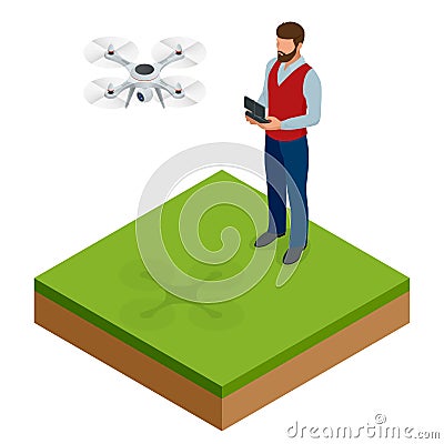 Isometric man with drone quadrocopter, Remote aerial drone with a camera taking photography or video recording. game Vector Illustration