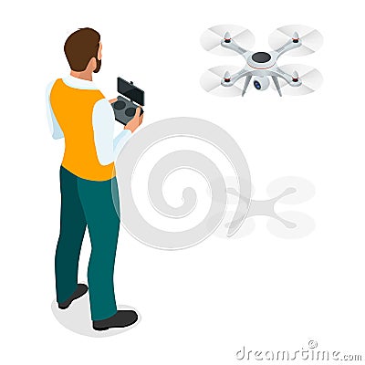 Isometric man with drone quadrocopter, Remote aerial drone with a camera taking photography or video recording. game Vector Illustration