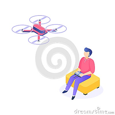 Isometric man with drone. Young men characters with remote aerial quadcopter. Vector isometric quadrocopter illustration Vector Illustration