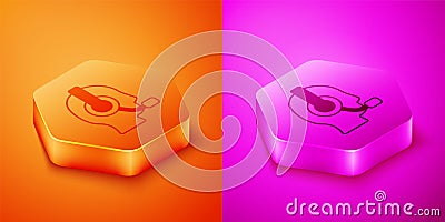 Isometric Man with a headset icon isolated on orange and pink background. Support operator in touch. Concept for call Vector Illustration