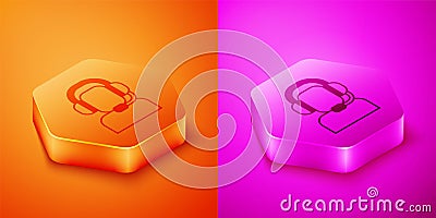 Isometric Man with a headset icon isolated on orange and pink background. Support operator in touch. Concept for call Vector Illustration