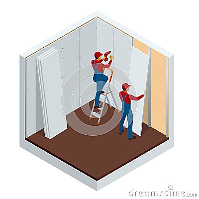 Isometric man installing drywall gypsum panels vector illustration. Construction building industry, new home Vector Illustration