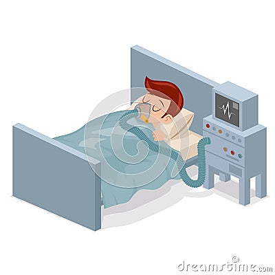 Isometric man lies with ventilator medical treatment cartoon character design vector illustration Vector Illustration