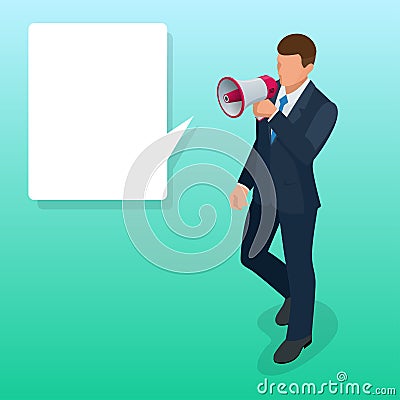 Isometric Man with loudspeaker flat vector illustration. Speaker or loudspeaker. Vector Illustration