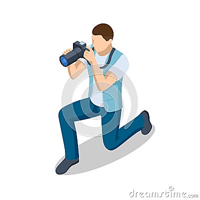 Isometric man Photographer with dslr Camera. Digital photo camera. Home hobby, lifestyle, travel, people concept Vector Illustration