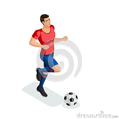 Isometric a man plays football, training, running, ball, preparation for the match. Football match Vector Illustration