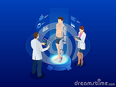 Isometric man with a prosthetic arm and leg. Modern Exoskeleton Prosthetic mechanism. Cyber prosthesis. White plastic or Vector Illustration