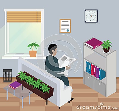 Isometric Man Reading Newspaper Design Flat Vector Illustration