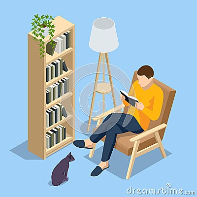 Isometric man sitting in a chair at home and reading a book. Knowledge, learning and education concept Vector Illustration