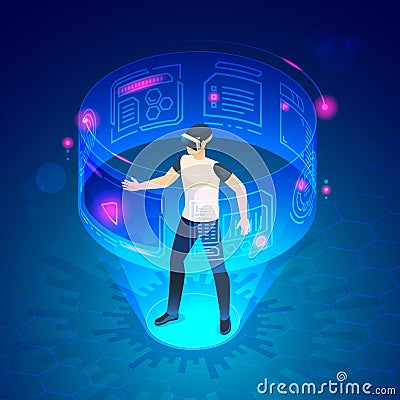 Isometric man in vr. Future world virtual goggles headset gadgets game entertainment vector illustration Cartoon Illustration